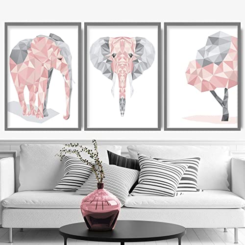 Artze Wall Art Geometrische Elefanten-Kunstdrucke, 3-teiliges Set, 40 cm Breite x 50 cm Höhe, Blush Pink von Artze Wall Art