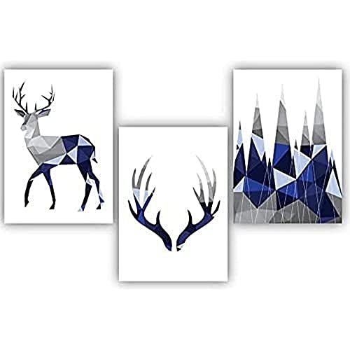 Artze Wall Art Geometrische Hirschgeweih und Berge Kunstdrucke 3-teiliges Set, 21 cm Breite x 30 cm Höhe, Marineblau/Grau von Artze Wall Art