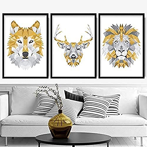 Artze Wall Art Geometrische Tierköpfe Wolf Hirsch Löwe Kunstdrucke 3-teilig 30cm Breite x 40cm Höhe Gelb/Grau von Artze Wall Art