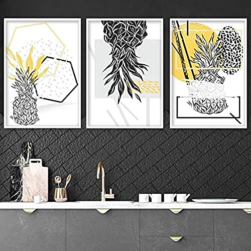 Artze Wall Art Geometrische abstrakte Linien, Ananas, 3-teiliges Set, 30 cm Breite x 40 cm Höhe, gelb/schwarz von Artze Wall Art