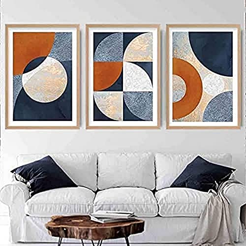 Artze Wall Art Geometrische abstrakte Textur, Kunstdrucke, 3-teiliges Set, A2-Format, Marineblau/Orange/Gold von Artze Wall Art