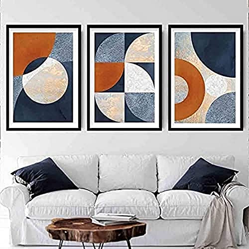 Artze Wall Art Geometrische abstrakte strukturierte Kreise Kunstdrucke 3-teiliges Set, A1 Größe, Marineblau/Orange/Gold von Artze Wall Art