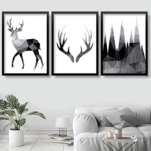 Artze Wall Art Geometrische einfarbige Hirschgeweih und Berge Kunstdrucke 3-teiliges Set, 40 cm Breite x 50 cm Höhe, Schwarz/Grau von Artze Wall Art