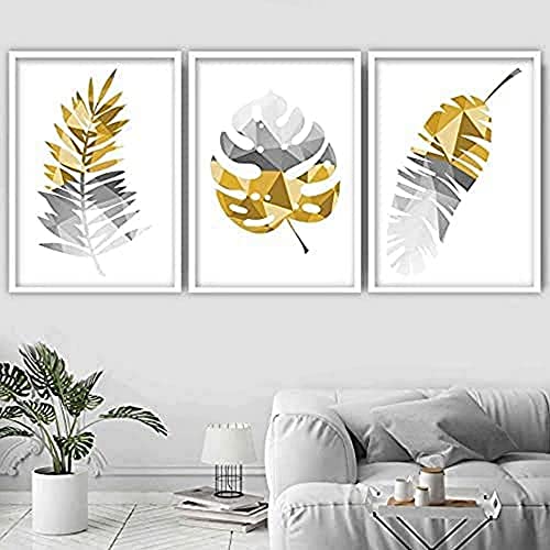 Artze Wall Art Geometrische tropische Blätter Botanische Kunstdrucke 3-teiliges Set, 30 cm Breite x 40 cm Höhe, Gelb/Grau von Artze Wall Art