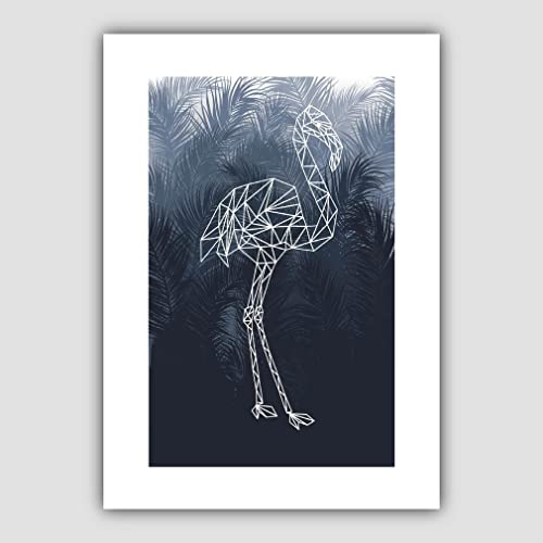 Artze Wall Art Geometrischer Flamingo-Vogel mit marineblauen Palmen, Kunstdruck, A4 von Artze Wall Art