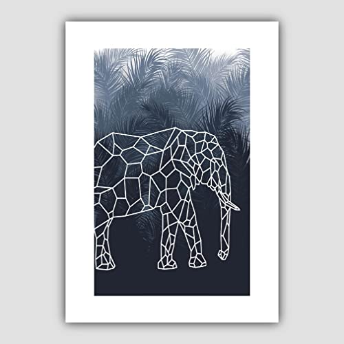 Artze Wall Art Kunstdruck, geometrischer Elefant mit marineblauen Palmen, DIN A4 von Artze Wall Art