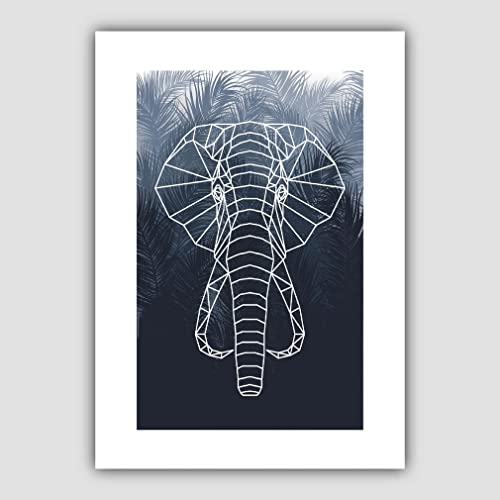 Artze Wall Art Kunstdruck, geometrischer Elefantenkopf, marineblaue Handflächen, A4 von Artze Wall Art