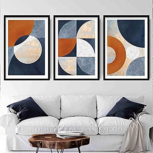 Artze Wall Art Geometrische abstrakte strukturierte Kreise Kunstdrucke 3-teiliges Set, A3 Größe, Marineblau/Orange/Gold von Artze Wall Art