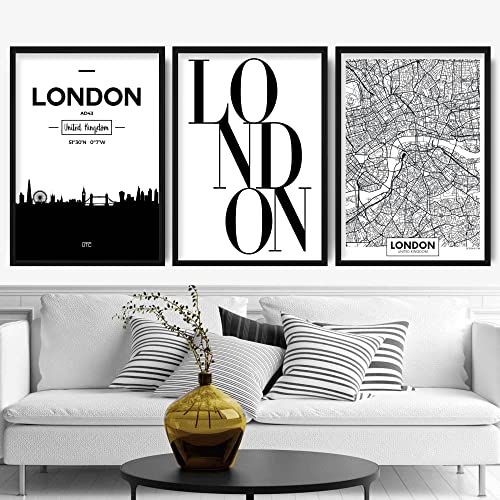 Artze Wall Art London Skyline Straßenkarte City Prints 3-teiliges Set, Schwarz/Weiß, 40 cm Breite x 50 cm Höhe von Artze Wall Art