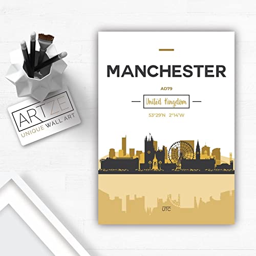 Artze Wall Art Manchester Skyline, Manchester Cityscape England Wandbild, A4, Gelb/Grau von Artze Wall Art