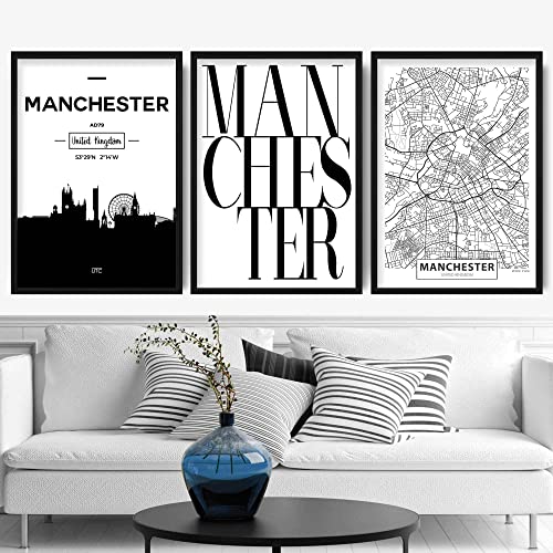 Artze Wall Art Manchester Skyline Street Map City Prints 3-teiliges Set, 40 cm Breite x 50 cm Höhe, Schwarz/Weiß von Artze Wall Art