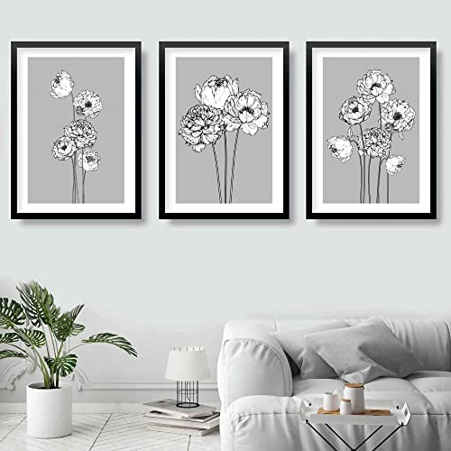 Artze Wall Art Pfingstrosen-Blumen-Skizze, skandinavische Poster, florales minimalistisches Kunstwerk, Pfingstrosen, Galerie, Wandkunstdrucke, 3-teiliges Set, A3-Größe, Grau von Artze Wall Art