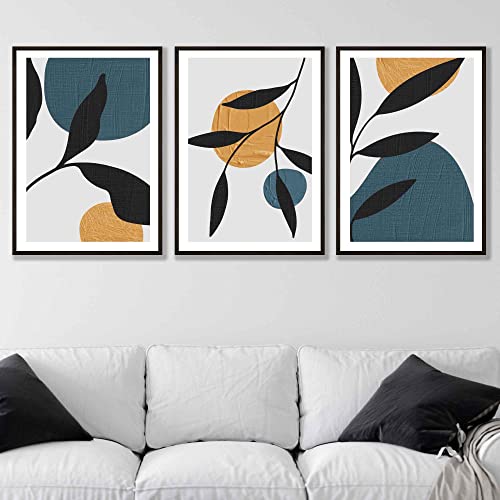 Artze Wall Art Schwarzes Blatt mit blauen und gelben strukturierten Formen, Wandkunstdruck, 3-teiliges Set, DIN A3 von Artze Wall Art