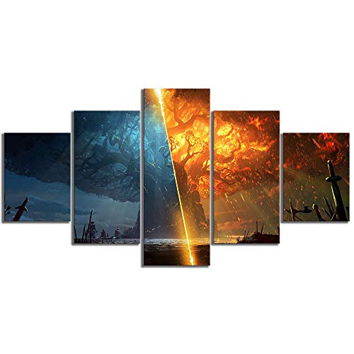 5 Panel Wand Kunst Leinwand modulare Bilder HD Teldrassil World of Warcraft Azeroth Bilder Hauptdekoration@30x40cmx2 30x60cmx2 30x80cmx1-gerahmt von ARTZON