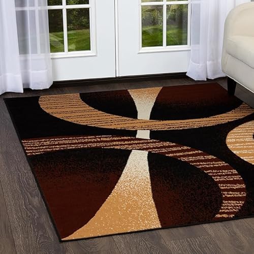Arvella Rug Teppich Wohnzimmer Waschbar 140 x 200 cm, Kurzflor Teppich Schlafzimmer, für Küche, Jugendzimmer und Esszimmer Moderne Geometrische Linien Braun Schwarz von Arvella Rug