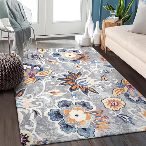 Arvella Rug Teppich Wohnzimmer Waschbar 150 x 200 cm, Kurzflor Teppich Schlafzimmer, waschbar für Küche, Bad und Esszimmer Modernes Blumenblau Arvella Rug Teppich Wohnzimmer Waschbar 150 x 200 cm, Kurzflor Teppich Schlafzimmer, waschbar für Küche, Bad und Esszimmer Modernes Blumenblau von Arvella Rug