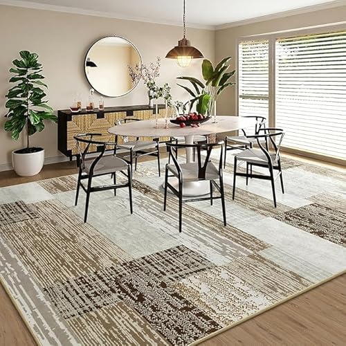 Arvella Rug Teppich Wohnzimmer Waschbar 150 x 200 cm, Kurzflor Teppich Schlafzimmer, waschbar für Küche, Bad und Esszimmer Modernes Geometrisches Patchwork in Braun von Arvella Rug