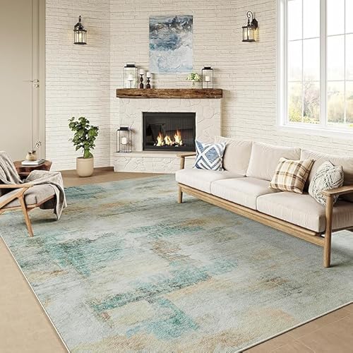 Arvella Rug Teppich Wohnzimmer Waschbar 160 x 200 cm, Waschbarer Kurzflor Teppich für Wohnzimmer, Küche und gemütliches Esszimmer Moderner Tintenstil Grün von Arvella Rug