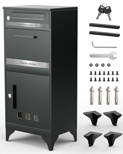Arverta Briefkasten und Paketbox, Paketbox Draussen Groß XXL, Standbriefkasten Modern, Paketbriefkasten, Postbox Anthrazitgrau Mit Namensgravur, Briefkästen Postkasten Edelstahl von Arverta