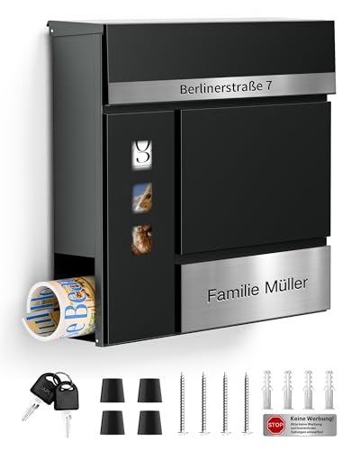 Personalisiert Briefkasten mit Gravur, Postkasten Anthrazit Mit Rostfreier Edelstahl Namensschild & Hausnummer - Moderner Briefkasten mit Zeitungsfach und Schloss (2 Schlüssel) von Arverta