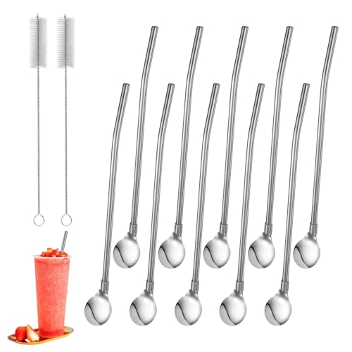 Arvoni 10 Stück Strohhalm mit Löffel, Trinkhalme Löffel Edelstahl, 2 in 1 Metallstrohhalme Kinder, mit 2 Strohhalm Reinigungsbürsten, Trinkhalmlöffel Lang für Latte Macchiato, Eiskaffee, Smoothies von Arvoni