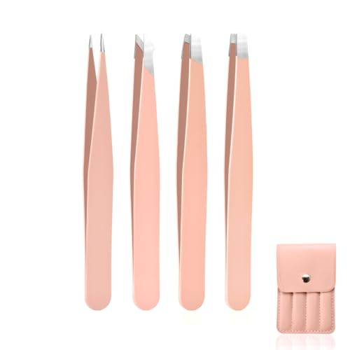 Arvoni 4 Stück Pinzette Augenbrauen Zupfen, Pinzetten Set Edelstahl, Augenbrauen Pinzette Profi mit Anti Rutsch Griff, Zupfpinzette Set mit Aufbewahrungstasche, für Augenbrauen, Wimpern, Barthaare von Arvoni