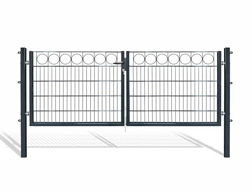 Doppelflügel-Schmucktor für Stabmattenzaun, grün oder anthrazit, verschiedene Höhen & Ausführungen wählbar - inklusive Pfosten und passenden Anschlussstücken (RING, H 100 x B 300, Anthrazit) von Arvotec