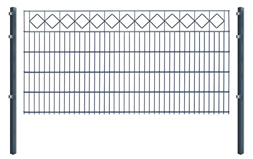 Doppelstabmattenzaun "KARO" - Komplett-Set inkl. Pfosten & Befestigungsmaterial - optisch ansprechender Schmuckzaun mit Zierelementen (L 14 m | H 103 cm | Anthrazit) von Arvotec