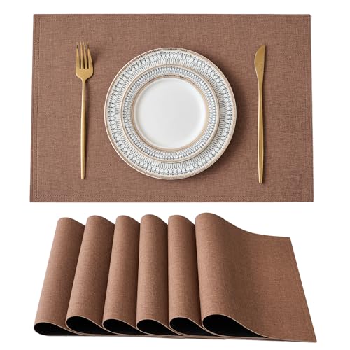6er Set Tischsets, Lederoptik Tischsets Abwaschbar 45x30cm rutschfeste Tischsets Platzsets Braun Doppelseitigen Platzdecken PVC Tischsets Stoff Leinen Platzdeckchen für Küche Speisetisch von Arwllzz
