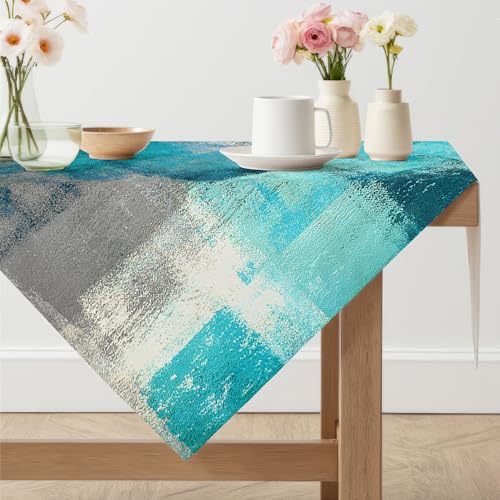 Arwllzz Tischdecke Modern Abwaschbare Türkis 100 x 100 cm Kurz Tischdecken Leinen Mittelläufer Kunst Gemälde Tisch Deko Landhausstil Mitteldecke Tischdekoration für Herbst Party Outdoor von Arwllzz