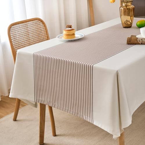 Tischdecke Weiß Beige 100 x 140 Gestreift Braun Tischtuch Abwaschbar Fleckschutz Lotuseffekt Tischwäsche Wasserabweisend Frühling Tischdecken Rechteckig für Küche, Esszimmer, Garten, Party von Arwllzz