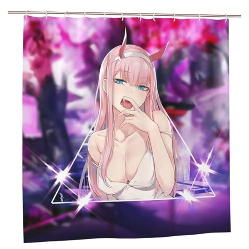 AryaArty Anime-Duschvorhang, Zero Two Japanese Darling 182,9 x 182,9 cm, mit 12 Haken, wasserdicht, waschbar, Polyestergewebe für Badezimmer, Dusche von AryaArty