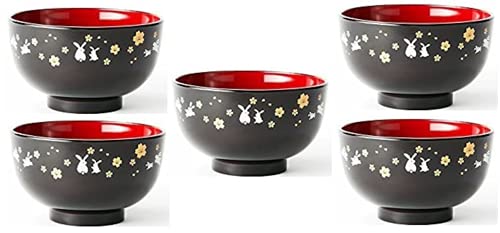 Asahi Kyouyou [5 Schalen Set] Japanische Schwarze Schüsseln mit Sitzen Kaninchen & Blumen,Suppenschalen,Suppe,Reis,Dessert aus Japan von Asahi