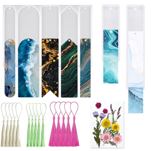 3 Stück DIY-Lesezeichen-Harzformen mit 7 verschiedenen Designs, rechteckige Silikon-Lesezeichen-Harzformen mit 15 Quasten und 12 getrockneten gepressten Blumen zum Selbermachen von Lesezeichen von Asaisimg