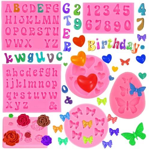 Asaisimg 7-teilige Silikonformen für Fondant-Buchstaben, Alphabet-Formen für Schokolade, Zahlen 0-9, Herz, Schleife, Schmetterling, Blumen-Bonbon-Fondant-Formen von Asaisimg