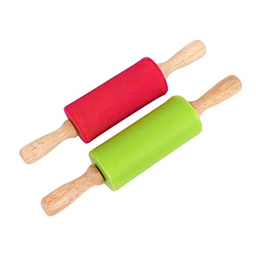 Asalinao 2 Stück 23 cm Silikon Nudelholz Antihaft Oberfläche Holzgriff für Kinder, Kinder Küche Kochen Backwerkzeug,Packung mit 2 Stück (Mehrfarbig-C) von Asalin
