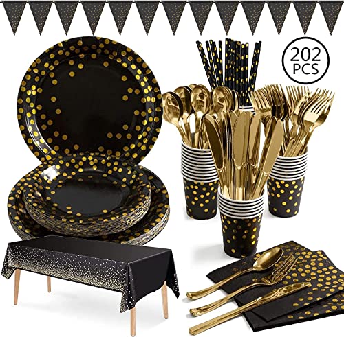 Aschef 202er Partygeschirr Geschirrset geschirr Set, Pappteller Papierteller Pappbecher Partyteller Servietten Tischdecke Besteck für Party Geburtstag Kindergeburtstag 25 Personen, Schwarzgold von Aschef