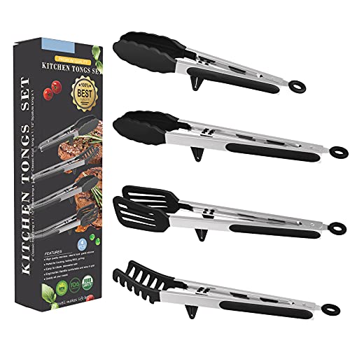 Aschef 4er Grillzange Küchenzange Spaghettizange Set aus Silikon & Edelstahl, BPA-Freie Fleischzange Servierzange Kochzange für Backen Kochen Salat Steak Spaghetti Wurst Pizza Pasta Grillen BBQ Buffet von Aschef