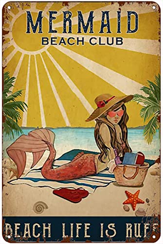 Blechschild Küche Antik Metallschild Meerjungfrau Strand Club Beach Life is Ruff Blechschild Vintage Dekoration Garage Haus Garten Cafes Küche Wand Blechschilder 20,3 x 30,5 cm von Ascigo