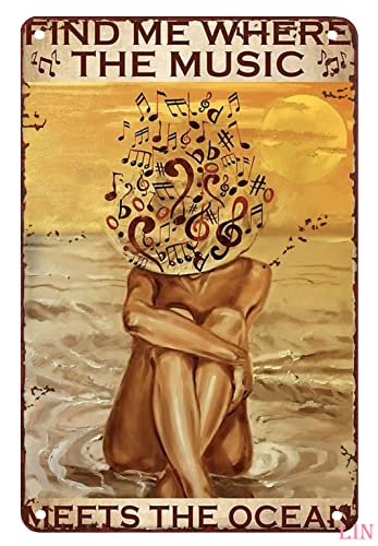 Blechschild Retro Find Me Where The Music Meets The Ocean Poster Musik Retro Druck Home Decor Vintage Mädchen Kunst Geschenk für Musik Metallschild Vintage Dekor Rustikale Blechschilder Wandkunst von Ascigo
