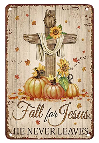 Herbst-Metall-Wandschilder Kürbis Sonnenblume Gott Kreuz Fall He Never Leaves Blechschild Retro Metallschild Vintage Heimdekoration Rustikales Blechschild Wandkunst Metallposter für Zimmer 20,3 x 30,5 von Ascigo