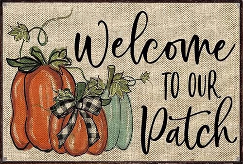 Metalldekoration für draußen, Aufschrift "Welcome to Our Patch", Herbst, Erntedankfest, Kürbis, Metall-Blechschild, Vintage-Dekoration, Garage, Haus, Garten, Cafés, Küche, Wand, Antik-Optik, 15,2 x von Ascigo