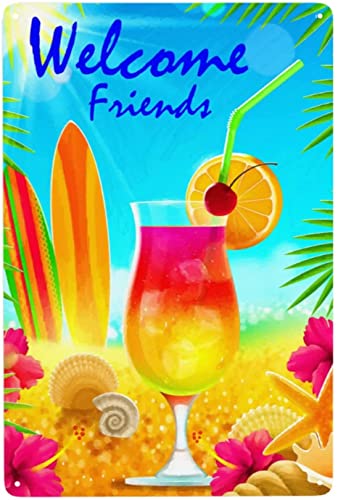 Rustikale Metallschilder Hello Summer Tropical Beach Metallschilder Vintage Raumdekor Ästhetische Wandkunst Blechschild Geschenk für Garage Badezimmer Wohnzimmer Männerhöhle Bar 20,3 x 30,5 cm von Ascigo