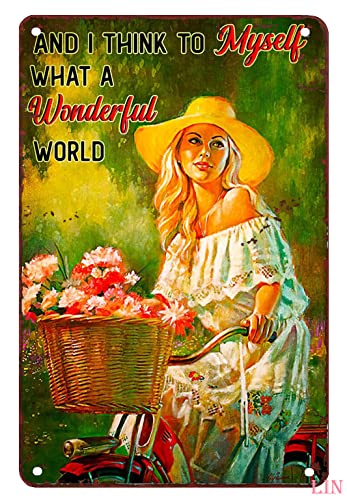 Vintage Cycling Art Schönes Mädchen Radfahren Fahrrad Blume und I Think To Myself Metallschilder Vintage Raumdekor Ästhetische Wandkunst Blechschild Geschenk für Garage Man Cave Bar 20,3 x 30,5 cm von Ascigo