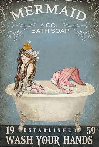 Vintage Metallschilder Meerjungfrau Co Bath Soap Wash Your Hands Poster Meerjungfrau Badezimmer Poster Metall Blechschild Vintage Dekoration Garage Haus Garten Cafés Küche Wand Antik Blechschilder von Ascigo