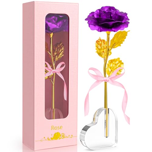 Asddage Geschenke für Frauen Ewige Rose mit Herzförmige Basis Geschenke für Sie Mutter Freundin Frau Oma, Goldene Rose Geschenk für Geburtstag Weihnachten Muttertag Valentinstag Jahrestag (Lila) von Asddage