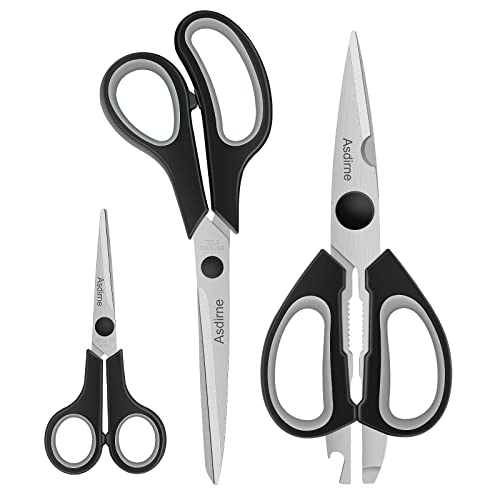 Asdirne Schere, Küchenschere mit Scharfen Edelstahlklingen und Weichen Griffen, Multifunktionales Scheren-Set, 3Pcs, Schwarz/Grau von Asdirne