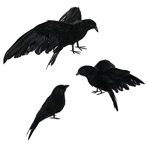 Schwarze Halloween-Krähe mit 3 Stück, realistische, handgefertigte Feathered Crow Prop Halloween Vögel Raben Requisiten Dekor Outdoor Indoor Party Dekoration von Asdomo