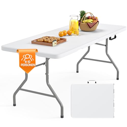 Asdsed Campingtisch 180x74 cm, Klappbar Gartentisch Buffettisch Wetterfest Tragbar Kunststoff Stabil Garten Klapptisch Partytisch Picknicktische Balkontisch (Weißen Tisch, grauen Beinen) von Asdsed