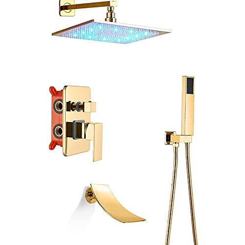 Duschset, LED-Duschsystem, verdeckter goldener Duschhahn mit Wasserfall-Badewannenauslauf, Duschkombinationsset mit Handbrause und quadratischem Regenduschkopf, Wanne und Duschverkleidungssa von Asfgchh